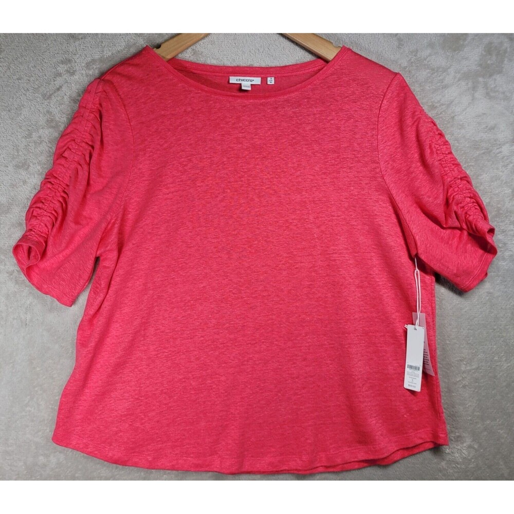 Chicos Top Blouse Tee Womens Sz 3 (XL) Pink Linen Short Rouched Sleeve